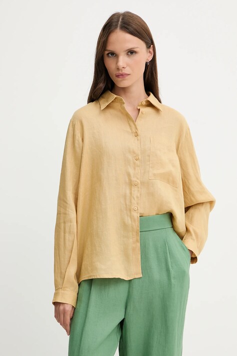 Ľanová košeľa Sisley béžová farba, voľný strih, s klasickým golierom, 5BMLLQ06S