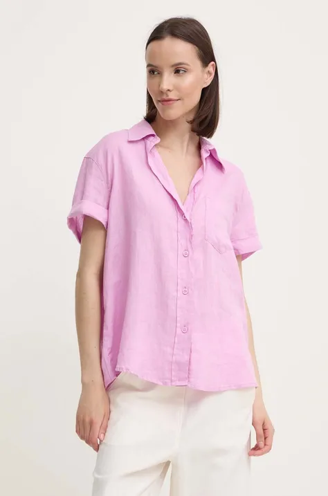Льняная рубашка Sisley цвет розовый relaxed классический воротник