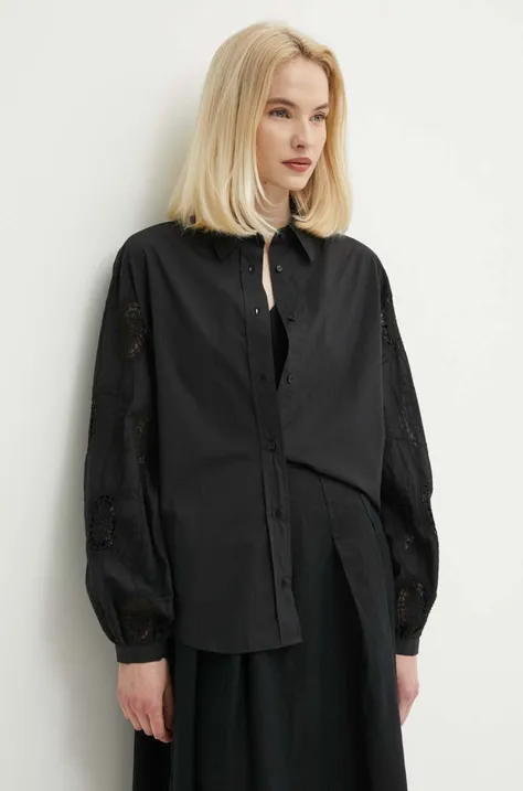 Sisley camasa din bumbac femei, culoarea negru, cu guler clasic, relaxed