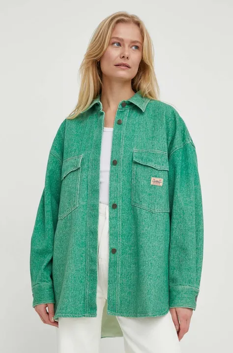 American Vintage kurtka jeansowa damska kolor zielony przejściowa oversize