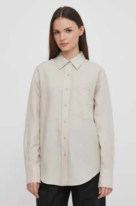 Košeľa s prímesou ľanu Calvin Klein béžová farba,voľný strih,s klasickým golierom,K20K206694
