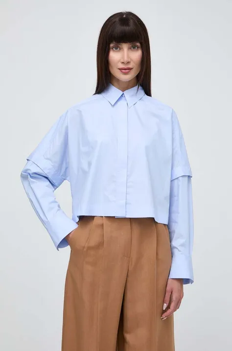 Памучна риза Ivy Oak дамска в синьо със свободна кройка с класическа яка IO112327