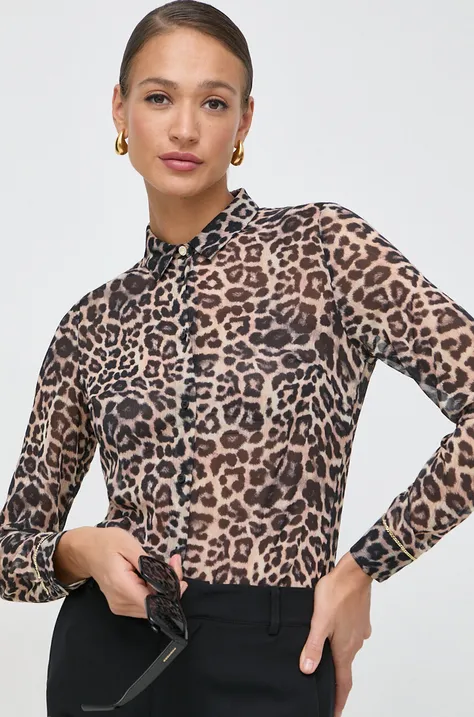 Košulja Guess za žene, boja: smeđa, regular, s klasičnim ovratnikom
