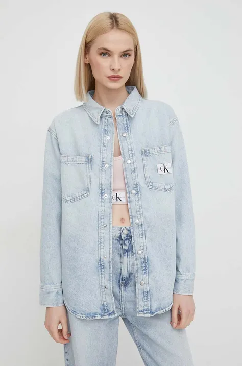 Rifľová košeľa Calvin Klein Jeans dámska, voľný strih, s klasickým golierom, J20J222795