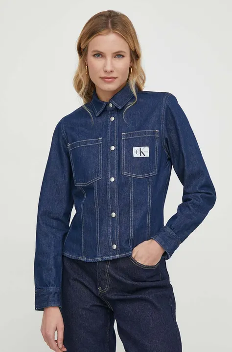 Rifľová košeľa Calvin Klein Jeans dámska, tmavomodrá farba, regular, s klasickým golierom