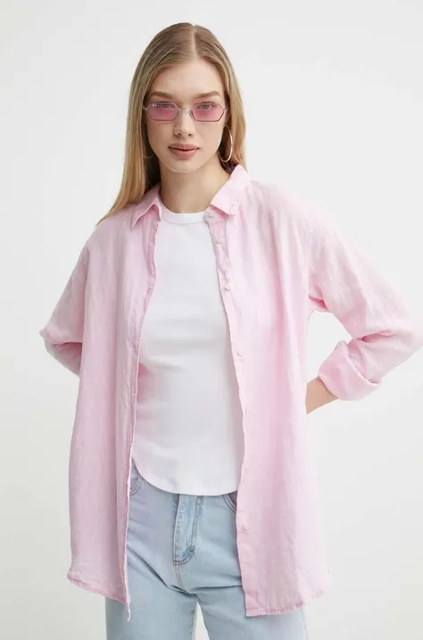 Lněná košile Superdry růžová barva, regular, s klasickým límcem