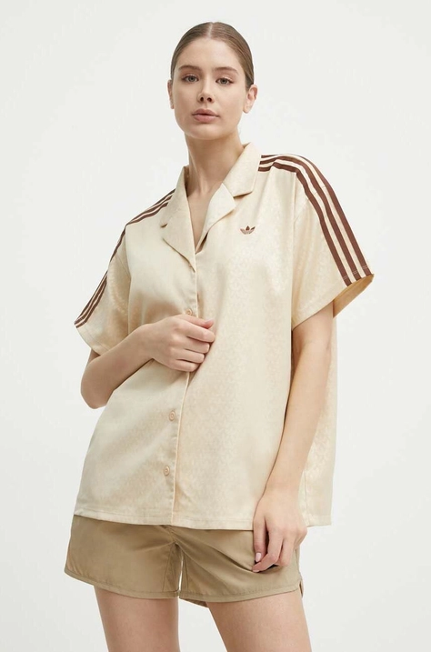 adidas Originals cămașă femei, culoarea bej, cu guler clasic, relaxed, IS3848