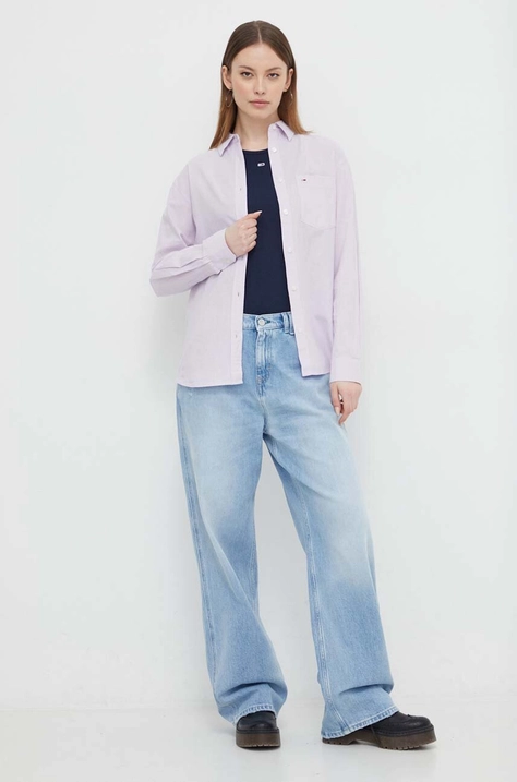 Tommy Jeans camasa din amestec de in culoarea violet, cu guler clasic, relaxed