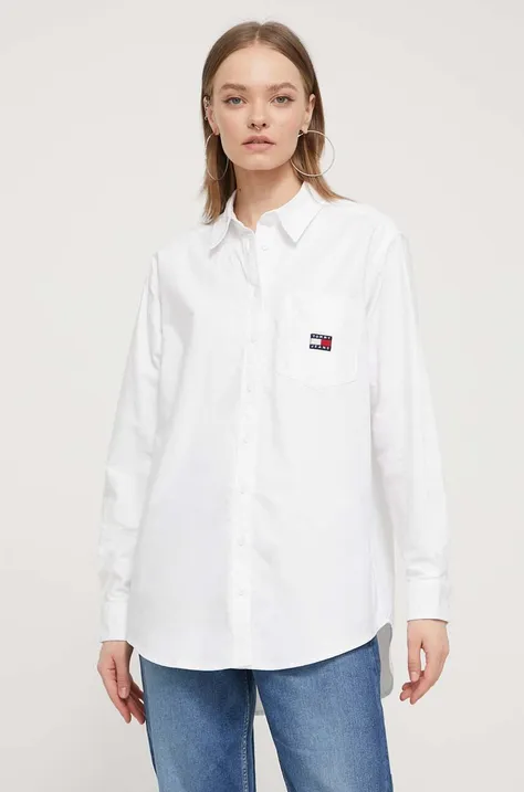 Pamučna košulja Tommy Jeans za žene, boja: bijela, relaxed, s klasičnim ovratnikom