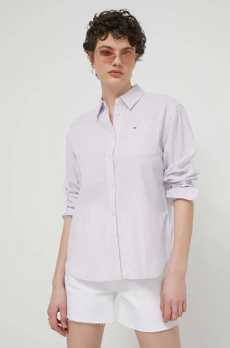 Рубашка с примесью льна Tommy Jeans цвет фиолетовый relaxed классический воротник