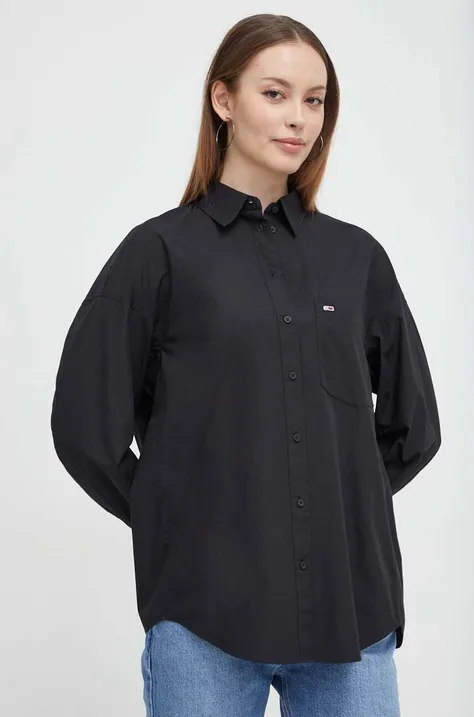 Bavlnená košeľa Tommy Jeans dámska, čierna farba, voľný strih, s klasickým golierom
