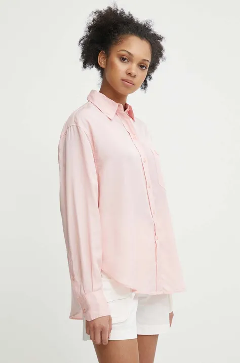 Риза Lacoste дамска в розово със свободна кройка с класическа яка