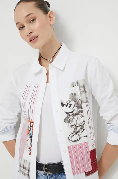 Памучна риза Desigual x Disney BOLONIA MICKEY дамска в бяло със стандартна кройка с класическа яка