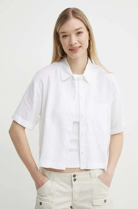 Ленена риза Abercrombie & Fitch в бяло със свободна кройка с класическа яка