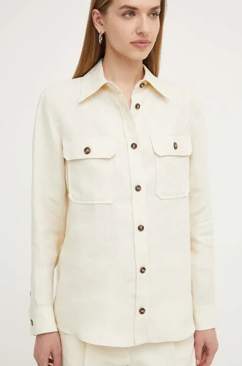 Ľanová košeľa Weekend Max Mara béžová farba,regular,s klasickým golierom,2415111013600