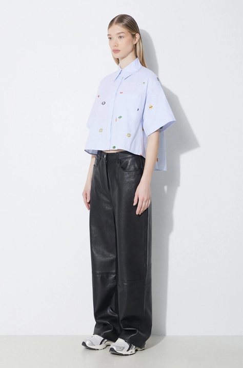 Kenzo koszula bawełniana Fruit Stickers Cropped Shirt damska kolor niebieski relaxed z kołnierzykiem klasycznym FE52CH2469A1.64