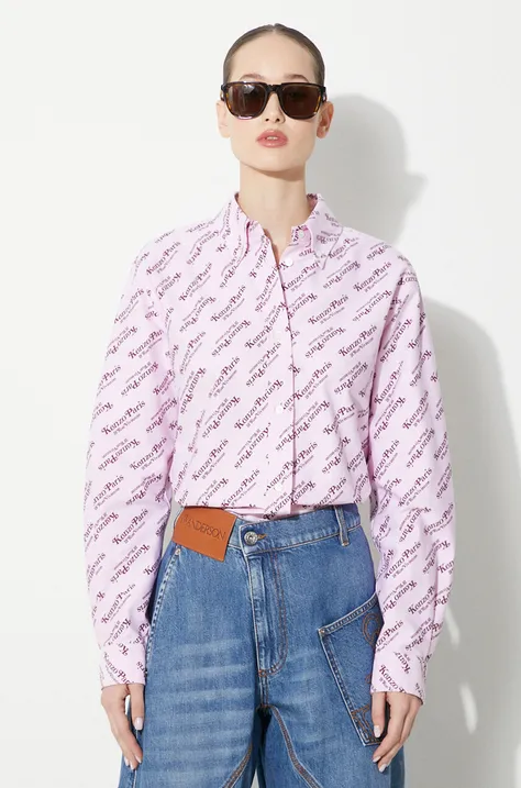 Kenzo camasa din bumbac Printed Slim Fit Shirt femei, culoarea roz, cu guler clasic, regular, FE52CH0879D2.30