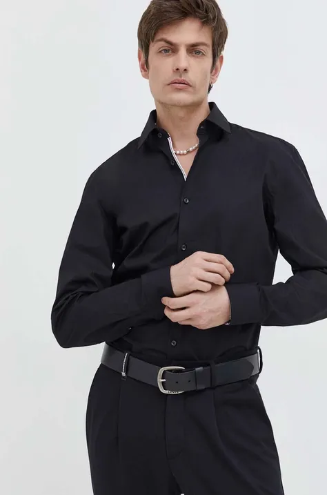 Бавовняна сорочка HUGO чоловіча колір чорний slim класичний комір