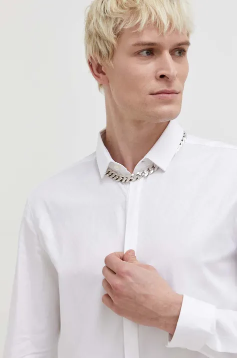 Pamučna košulja HUGO za muškarce, boja: bijela, slim, s klasičnim ovratnikom, 50508324