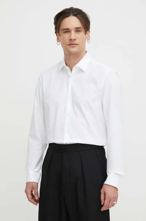 Памучна риза HUGO мъжка в бяло с кройка по тялото класическа яка 50508316