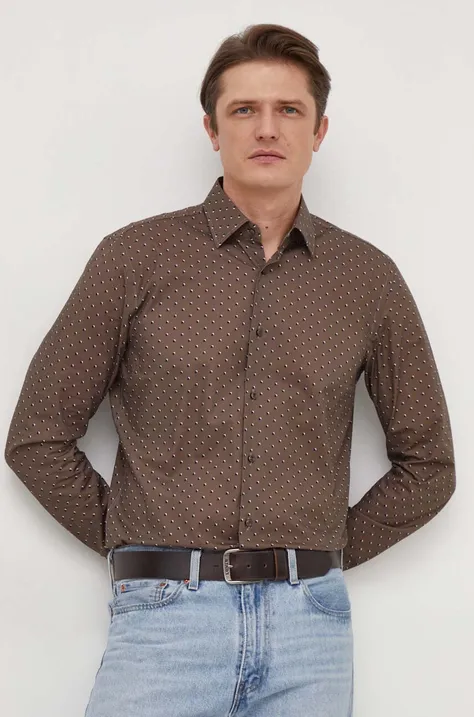 Košulja BOSS za muškarce, boja: smeđa, slim, s klasičnim ovratnikom, 50508345