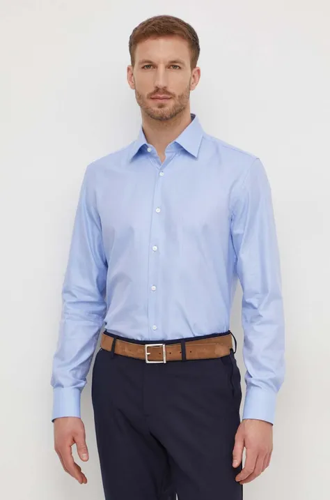 Памучна риза BOSS мъжка в синьо с кройка по тялото класическа яка 50508401