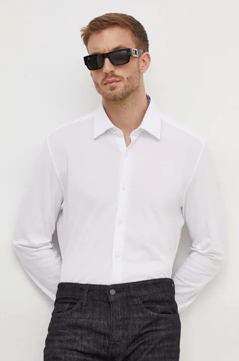 Bavlnená košeľa BOSS pánska,biela farba,voľný strih,s klasickým golierom,50508819