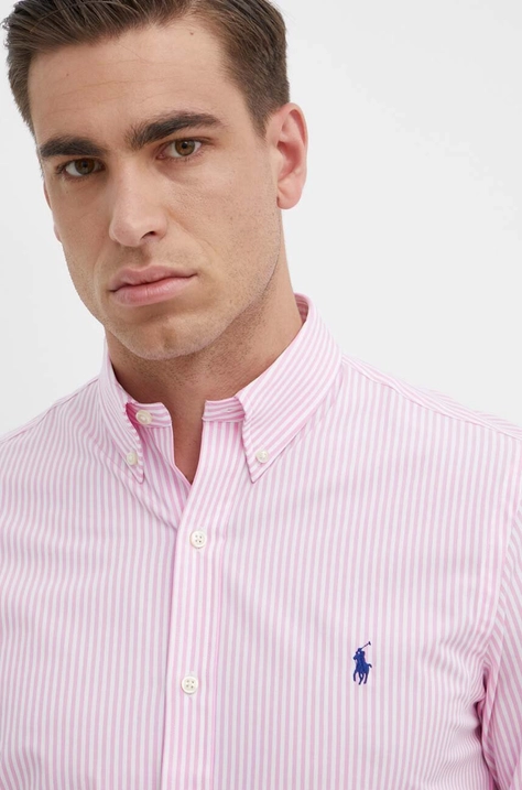 Košile Polo Ralph Lauren pánská, růžová barva, slim, s límečkem button-down, 710929344