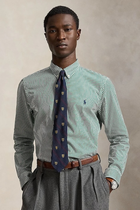 Polo Ralph Lauren Košulja od pamuka s elastanom za muškarce zelena s prugama 710929344