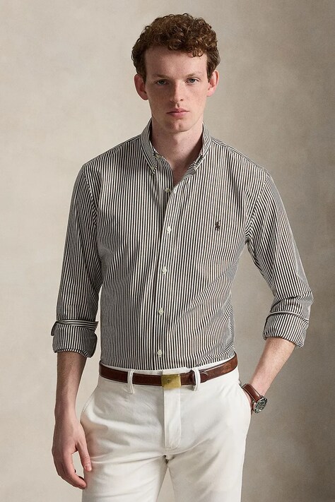 Polo Ralph Lauren koszula męska bawełniana z elastanem brązowa w prążki 710929344