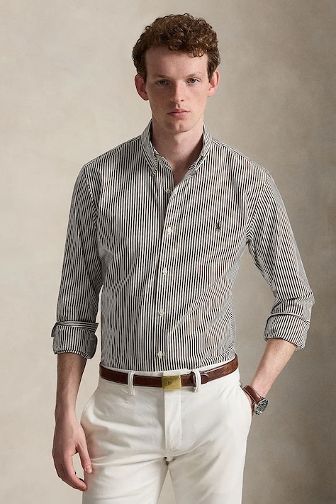 Polo Ralph Lauren рубашка из хлопка с эластаном для мужчин коричневая в полоску 710929344