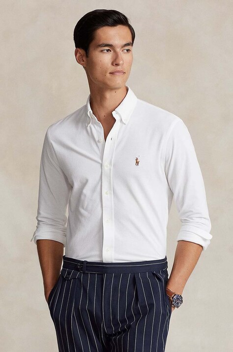 Βαμβακερό πουκάμισο Polo Ralph Lauren ανδρικό, χρώμα: άσπρο, 710932545
