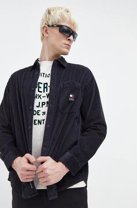 Manšestrová košile Tommy Jeans černá barva, relaxed, s klasickým límcem