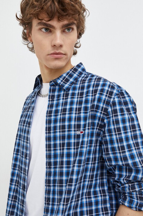 Βαμβακερό πουκάμισο Tommy Jeans ανδρικό, χρώμα: ναυτικό μπλε