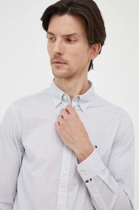 Pamučna košulja Tommy Hilfiger za muškarce, boja: bijela, slim, s button-down ovratnikom