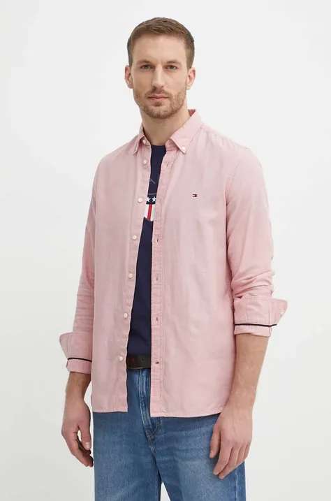 Pamučna košulja Tommy Hilfiger za muškarce, boja: ružičasta, slim, s button-down ovratnikom