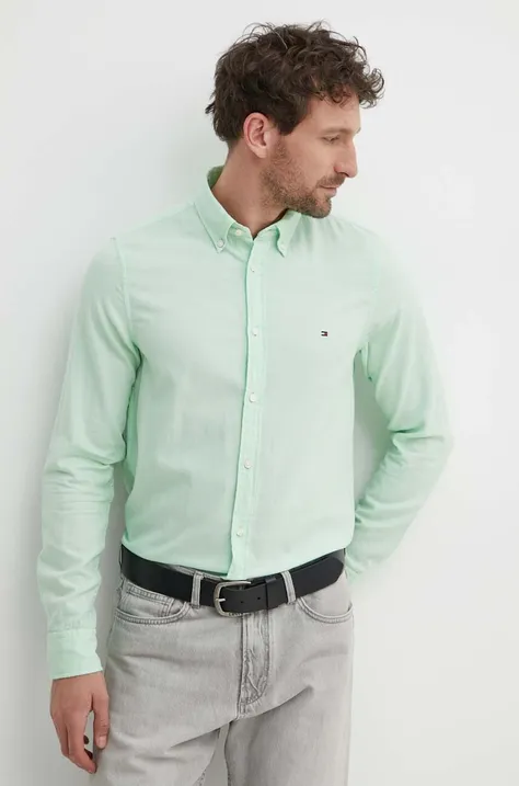 Bavlněná košile Tommy Hilfiger zelená barva, slim, s límečkem button-down