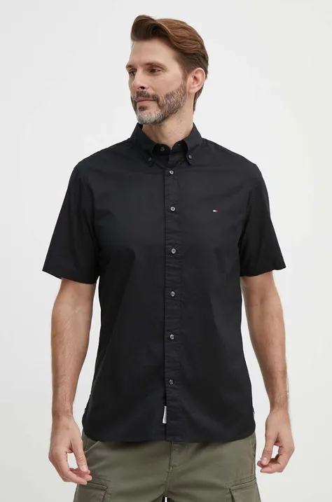 Bavlnená košeľa Tommy Hilfiger pánska, čierna farba, regular, s golierom button-down