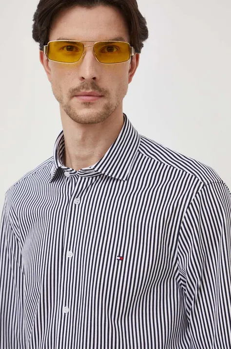 Bavlnená košeľa Tommy Hilfiger pánska,tmavomodrá farba,slim,s klasickým golierom,MW0MW34229