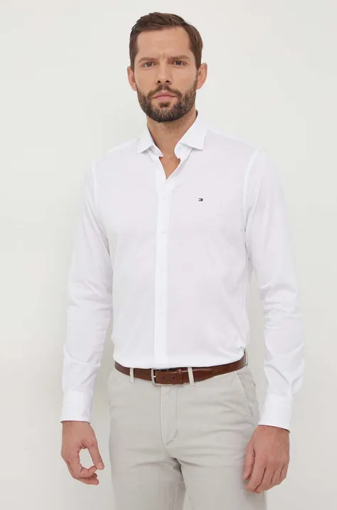 Pamučna košulja Tommy Hilfiger za muškarce, boja: bijela, slim, s talijanskim ovratnikom
