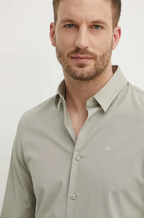 Košulja Calvin Klein za muškarce, boja: zelena, slim, s klasičnim ovratnikom