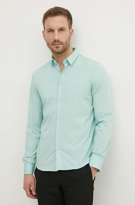 Calvin Klein koszula męska kolor zielony slim z kołnierzykiem klasycznym