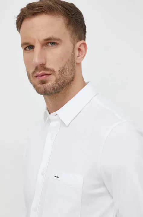 Pamučna košulja Calvin Klein za muškarce, boja: bijela, slim, s klasičnim ovratnikom