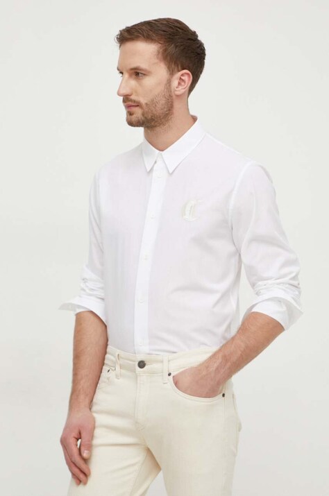 Just Cavalli camasa din bumbac barbati, culoarea alb, cu guler clasic, regular