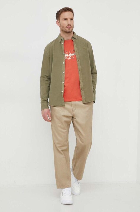 Хлопковая рубашка Pepe Jeans PHIL мужская цвет зелёный regular воротник button-down PM308274