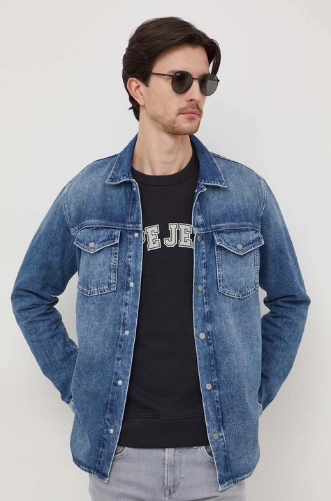 Džínová košile Pepe Jeans Dave Liberty pánská, tmavomodrá barva, regular, s klasickým límcem