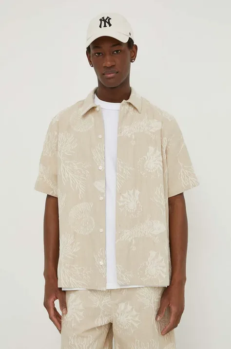 Košile Samsoe Samsoe SAAYO pánská, béžová barva, regular, s klasickým límcem, M24100053