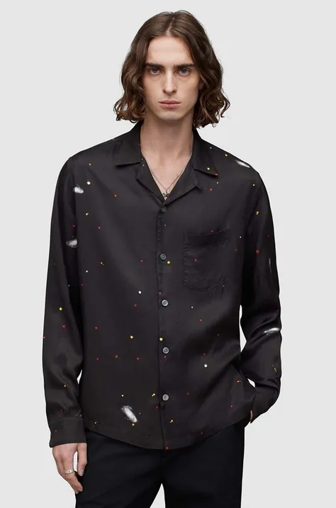Košeľa AllSaints Galaxy pánska, čierna farba, voľný strih