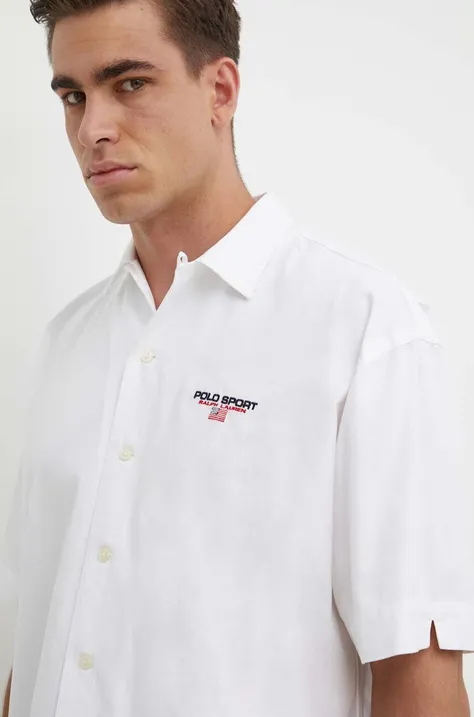 Хлопковая рубашка Polo Ralph Lauren мужская цвет белый relaxed классический воротник 710945727