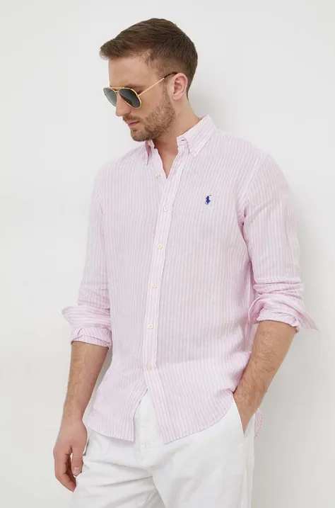 Lněná košile Polo Ralph Lauren růžová barva, regular, s límečkem button-down, 710873446